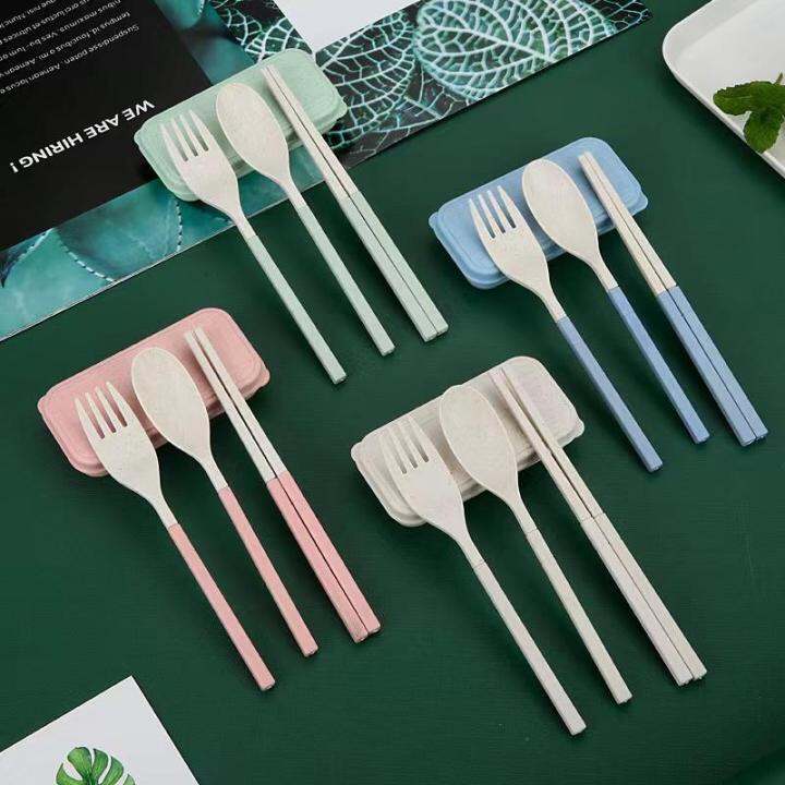 3pcs Set Reusable Folding Wheat Straw Chopstick Spoon Fork Cutlery Set