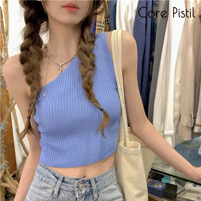 Core Korean Style Sexy Oblique Shoulder Hanging Neck Top Knitted Vest