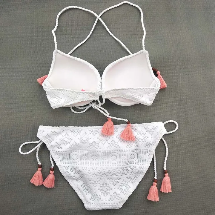 Three Point White Bikini Gathers Sexy Big Triangle Split Swimsuit For