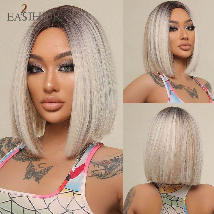 Ready Stock Easihair Short Straight Ombre Platinum Blonde Synthetic