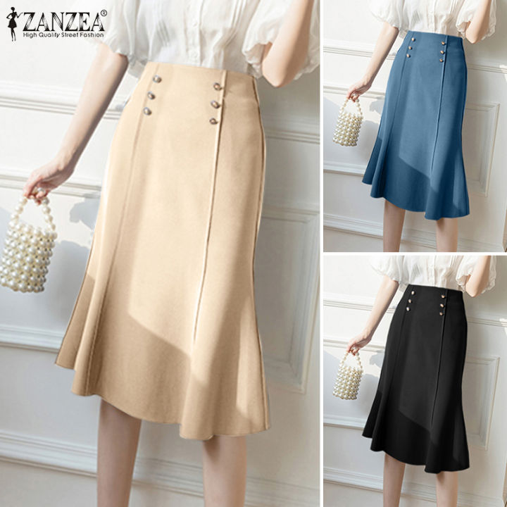 Esolo ZANZEA Korean Style Women Elegant High Waist Plain Fishtail A