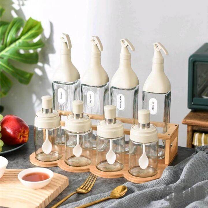 Kitchen Condiments Bottle Set Square Glass Oil Bottle Seasoning Pot And