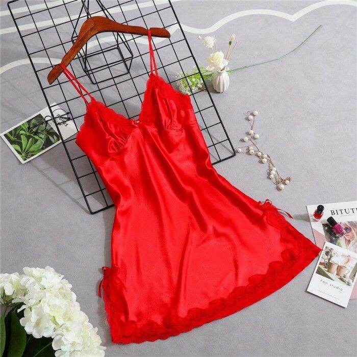 Lingerie Seksi Baju Tidur Renda Pakain Dalam Wanita Bahan Satin Red