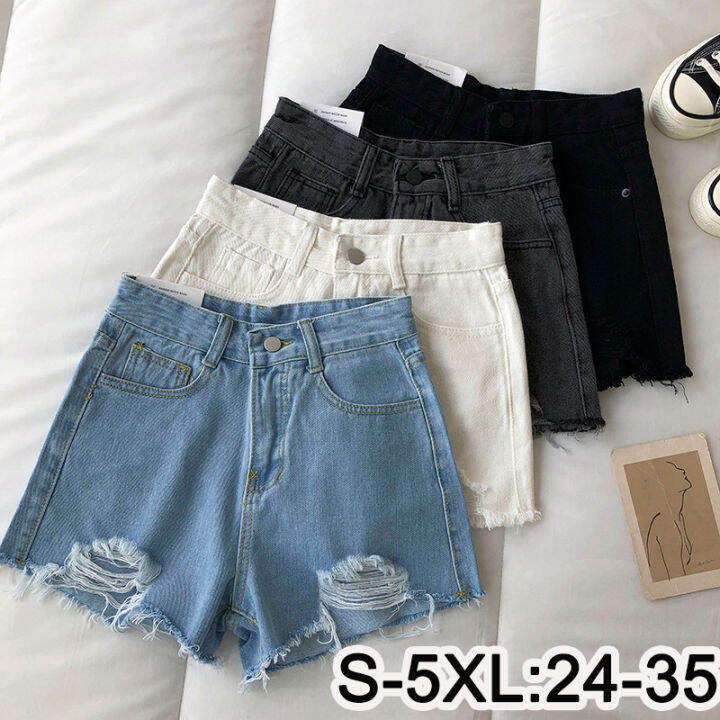 Denim Shorts For Women Korean Style High Waist Ripped Loose Wide Leg A