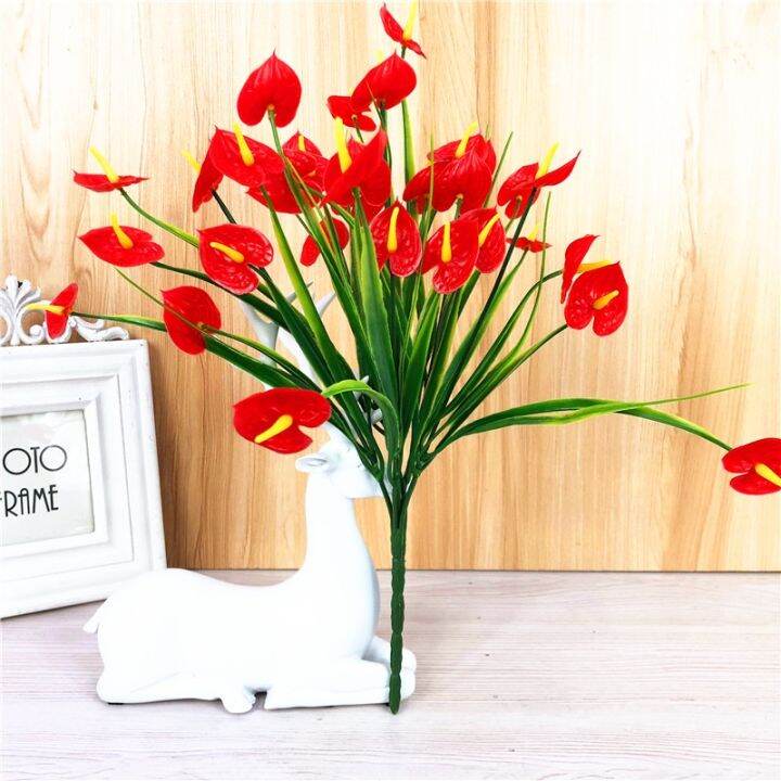 Pc Artificial Fake Flowers Faux Anthurium Plants Plastic Shrubs Bushes