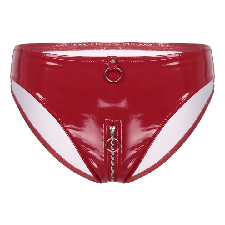 Hot Women Wet Look Patent Leather Briefs Zipper Crotch Low Waist