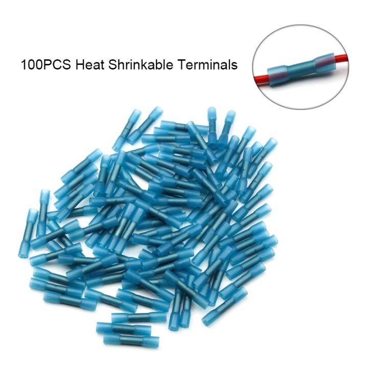 HOT W 100Pcs Waterproof Heat Shrink Butt Terminals Blue Insulated