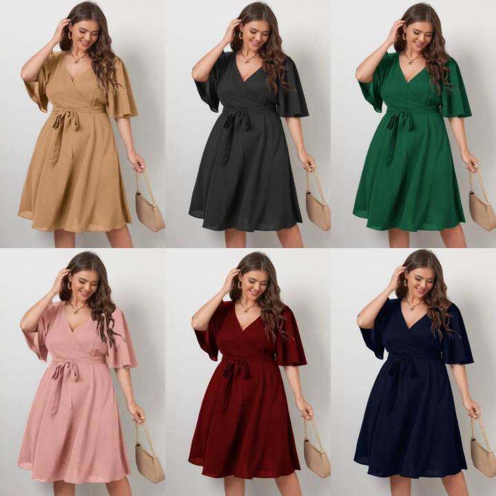 A3082 Nomi Chic Surplice V Neck Self Belt Plus Size Dress Lazada PH