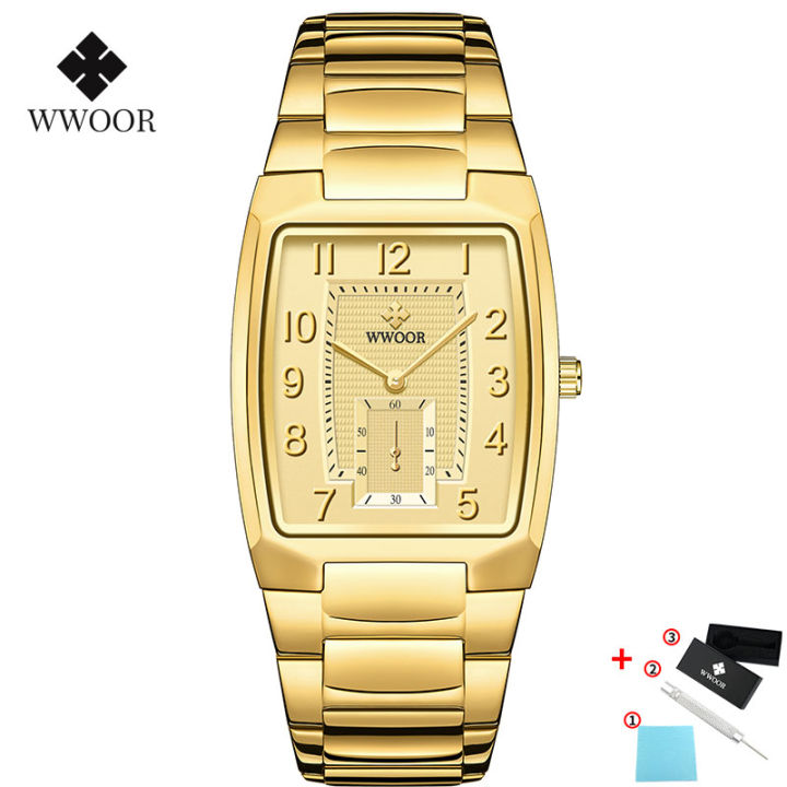 Wwoor Gold Watch Men Square Mens Watches Top Brand Luxury Golden Quartz