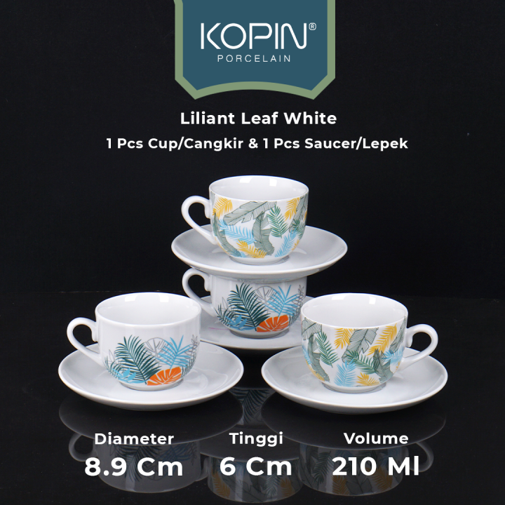 Cangkir Set Kopin Keramik Porcelain Model Liliant Leaf White Isi 4