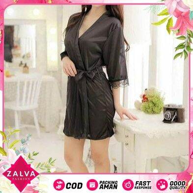 Baju Tidur Lingerie Kimono Dewasa Sexy Satin Lengan Panjang Set G