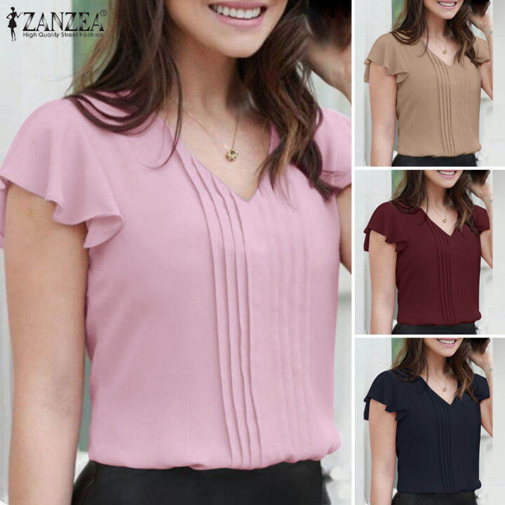 Esolo ZANZEA Women Short Sleeve V Neck Pleated Shirts Tops Chiffon Tops