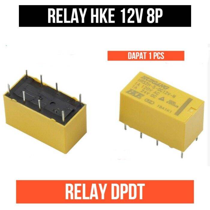 Relay 12V 8P HKE DPDT 12 V 12 Volt 8 Pin Kaki Max Arus 2A 2 Ampere