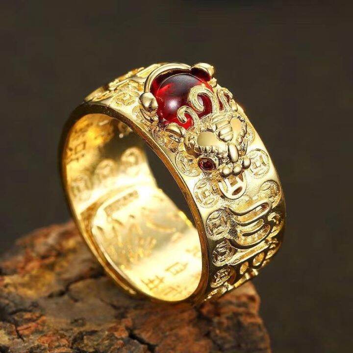 Blessed Piyao Mantra Ring Plated Gold Ring For Men Pixiu Feng Shui