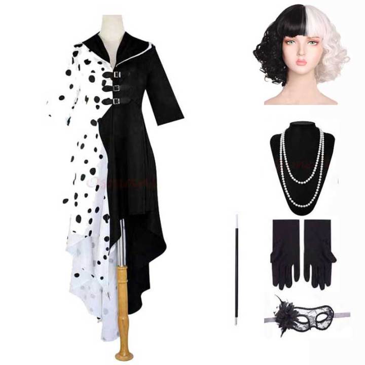 Girls Women Evil Madame Cruella De Vil Costume Cosplay Gown Black White