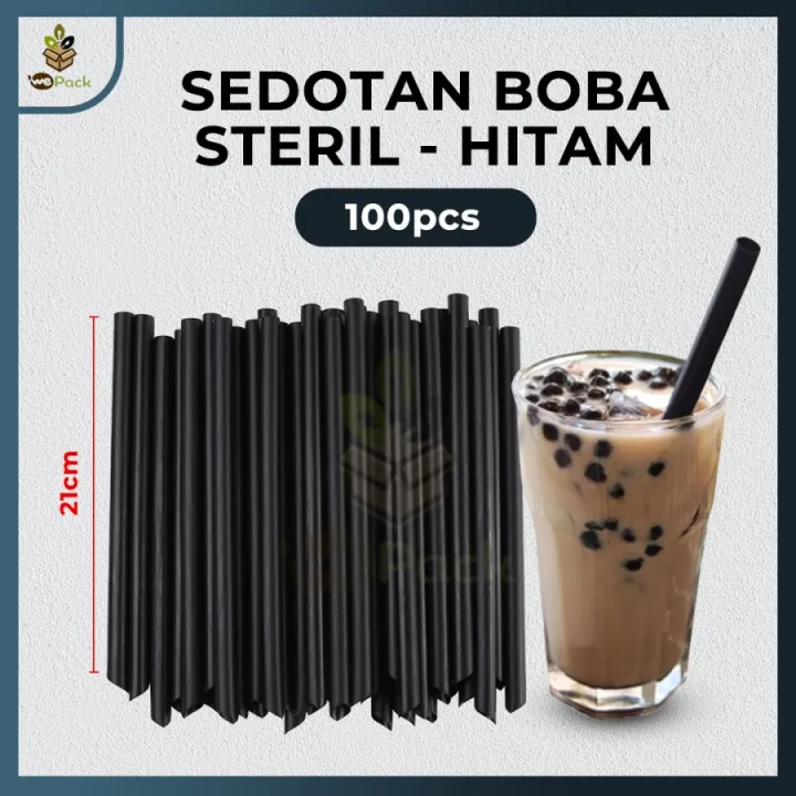 Sedotan Plastik Boba Hitam Steril 21cm Higienis Bubble 12mm 100pcs