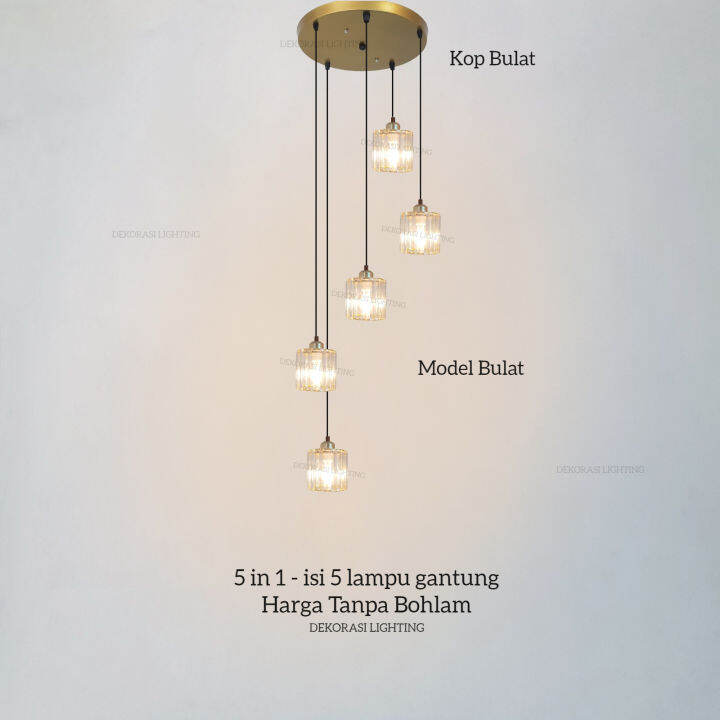 Lampu Gantung Void Kaca Kristal Gold 5 Lampu Dekorasi Ruang Tamu