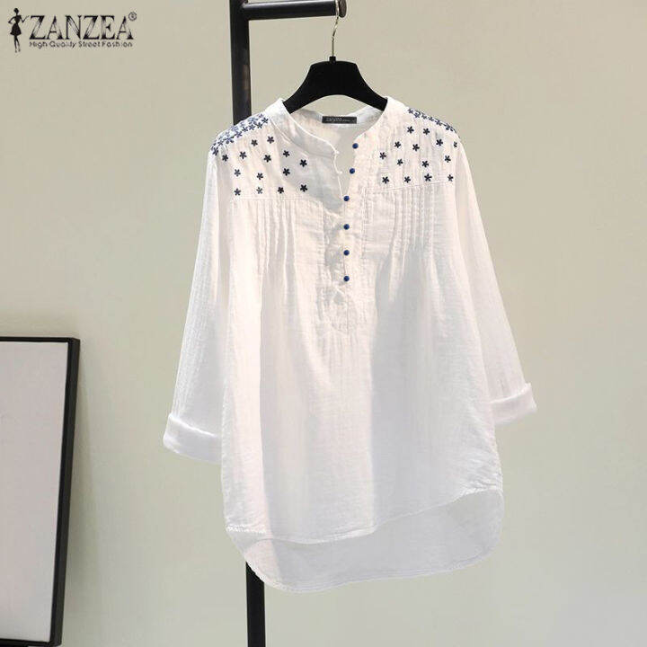 ZANZEA Women Vintage Irregular Hem Embroidery Tops Leisure Stand Collar