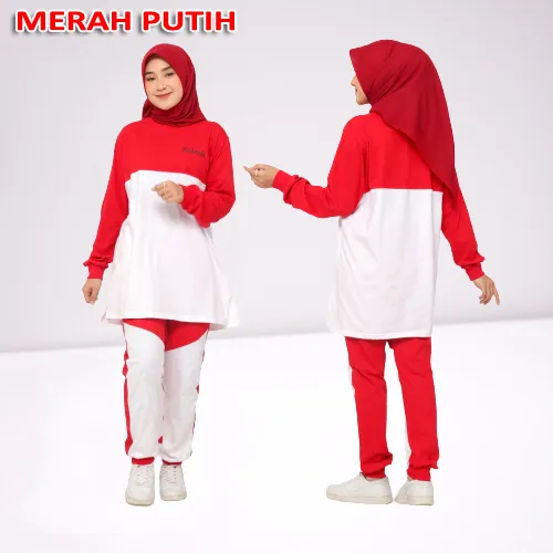 Setelan Baju Olahraga Merah Putih Wanita Muslimah Gowes Senam Joging