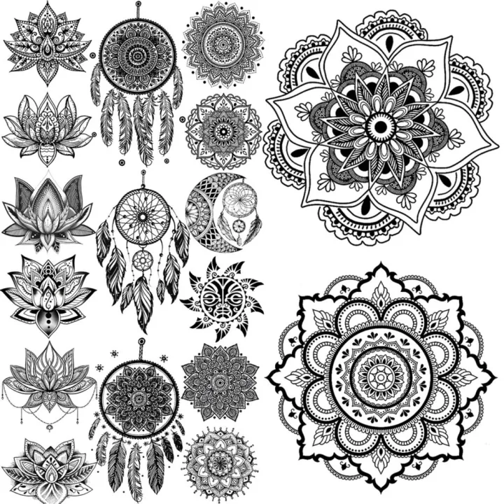 Black Henna Mandala Temporary Tattoos For Women Men Dream Catcher Lotus