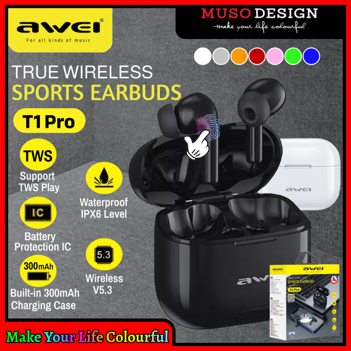 Awei T1 Pro Gaming Sports TWS Wireless Earphones In Ear Built In