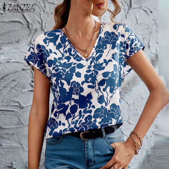 Celmia Zanzea Women Boian Vintage Floral Printed Short Sleeve Blouse