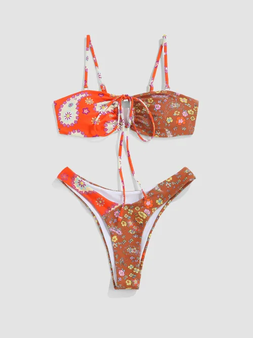 Cider Floral Print Two Tone Bikini Set