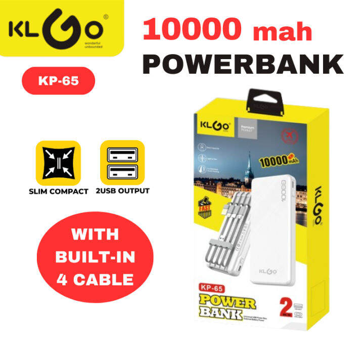 KLGO KP 65 10000mah Handy Powerbank With Built In 4 Cable Fast Charging