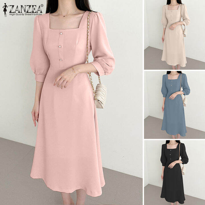 Rulfepy Zanzea Korean Style Womens Square Neck Puff Sleeve Midi Dress