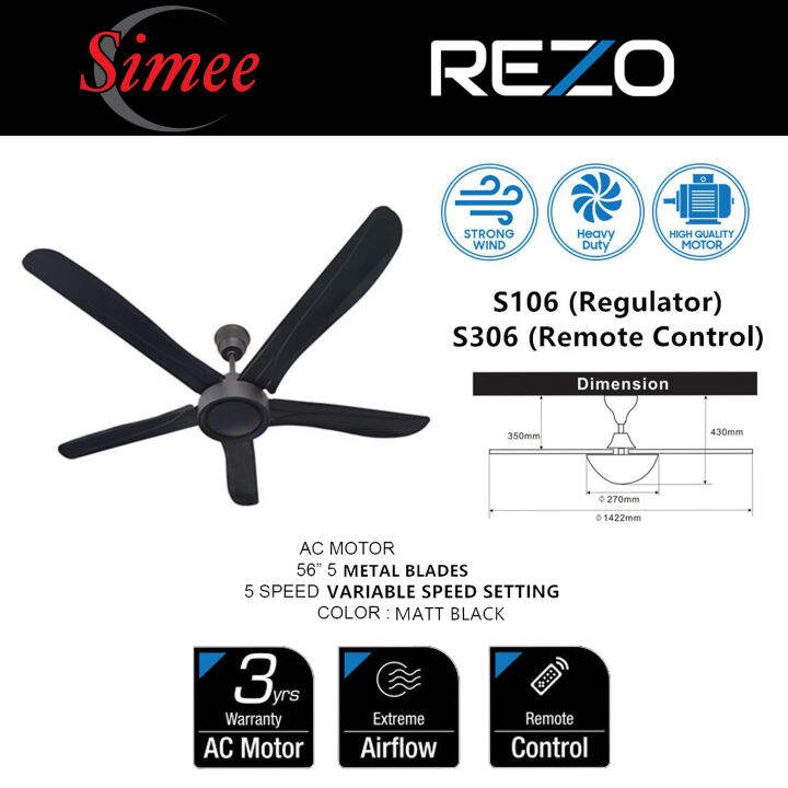 REZO S106 56 5 SPEED 5 METAL BLADE REGULATOR REMOTE CONTROL CEILING