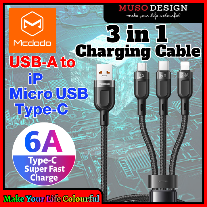 Mcdodo 65W 6A 3 In 1 Super Fast Charging Cable USB A To IP Micro Type