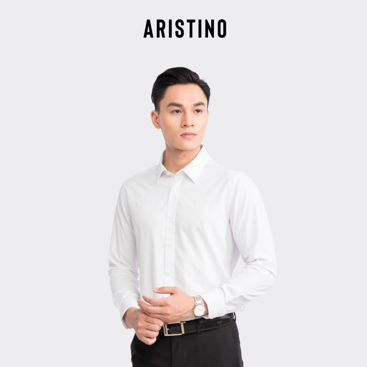 Áo sơ mi nam dài tay ARISTINO phom Slim Fit màu trắng dệt jacquard họa