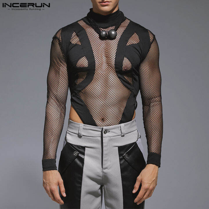 Perfectly INCERUN Men S Fashion Mesh Splicing Long Sleeve Bodysuit