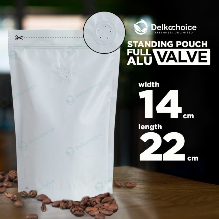 Standing Pouch White Metalized Valve Kemasan Kopi Ziplock 14x22