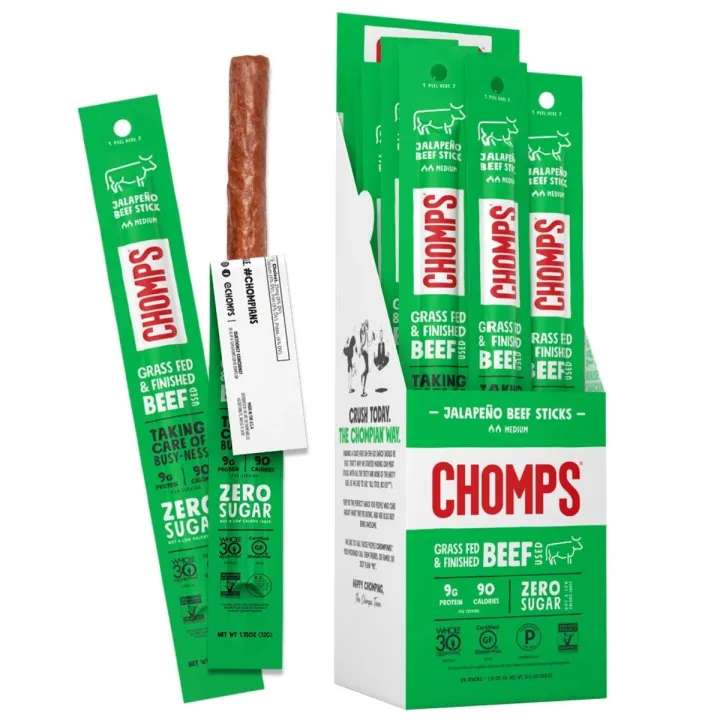 Chomps Grass Fed Jalapeno Beef Jerky Snack Sticks Keto Paleo