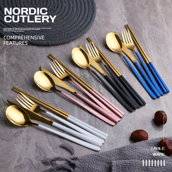 In Golden Matte Design Knife Chopsticks Spoon And Fork Metal Cutlery