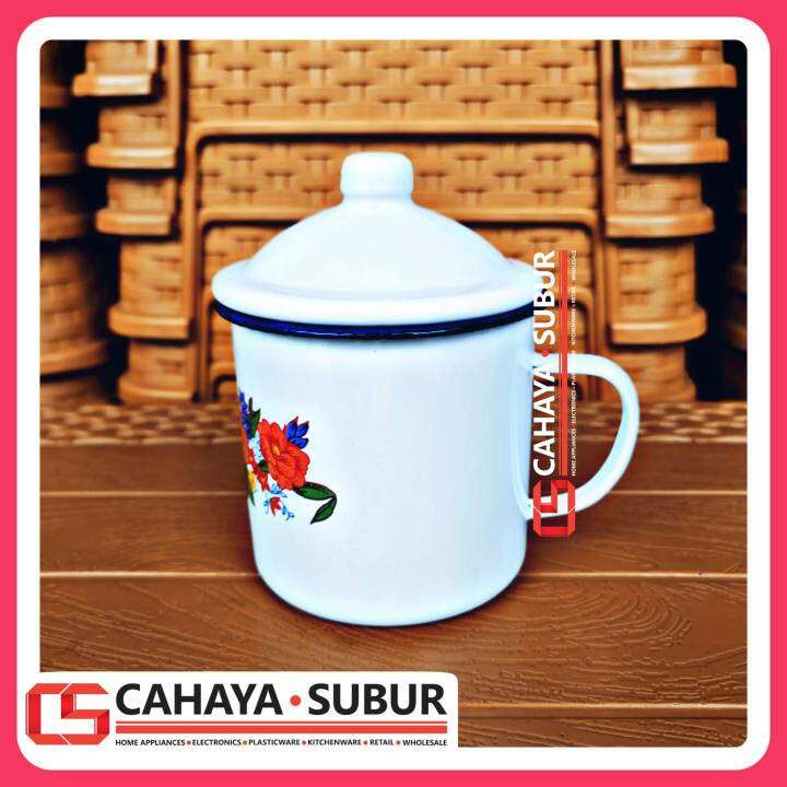 Gelas Mug Tutup Enamel 10cm Motif Bunga Cangkir Tutup Jadul Kaleng GSF