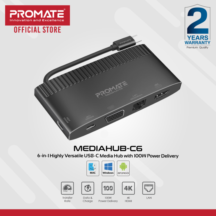 Promate Mediahub C6 6 In 1 Highly Versatile USB C Media Hub With 100W