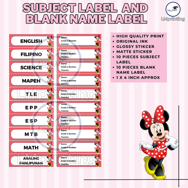 LUCSMART Fast Shipping MINNIE MOUSE THEMED STICKER LABEL AND NAME