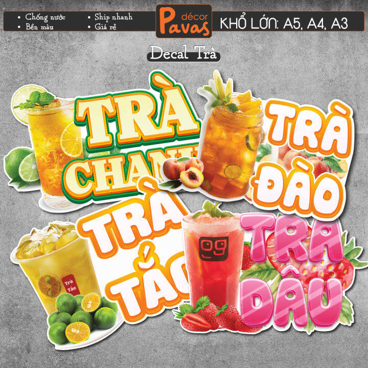 Decal Trà Vải Trà Chanh Trà Đào Trà Dâu Trà Tắc chống nước trang