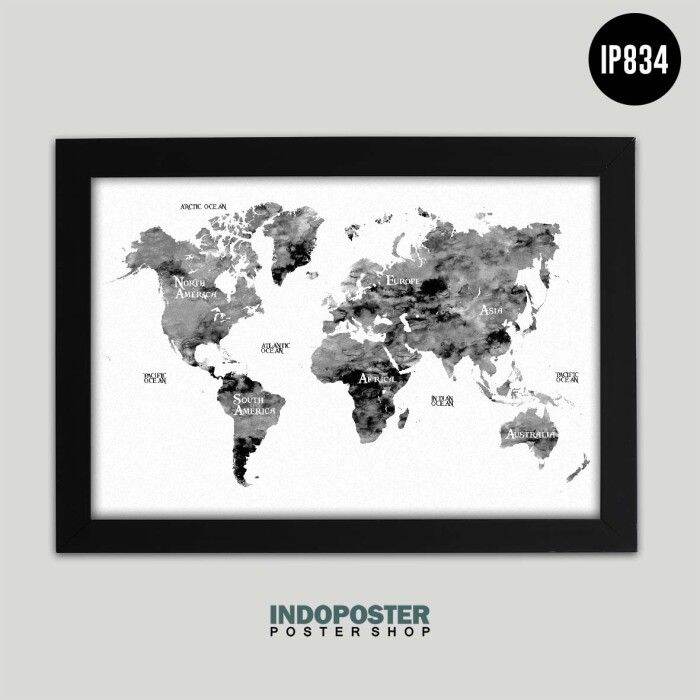 POSTER HIASAN DINDING WORLD MAP PETA DUNIA MONOCHROME 12RP 45X30CM