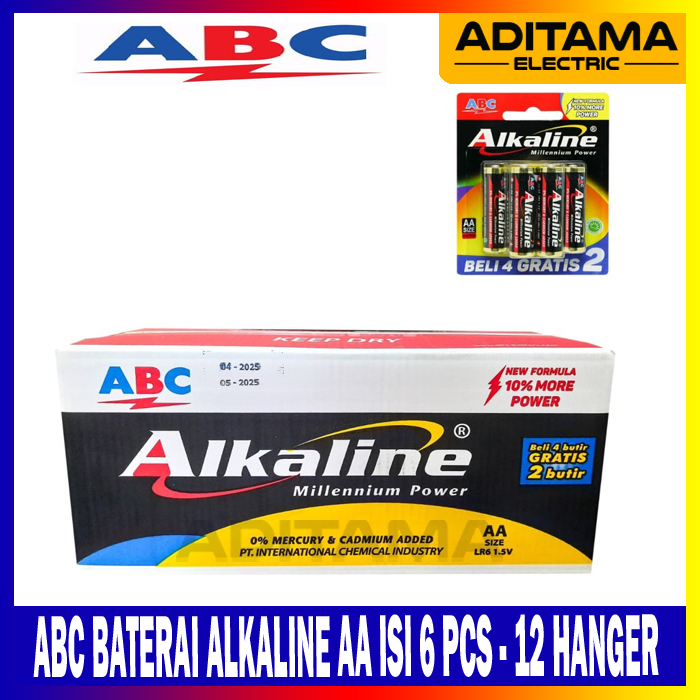 HARGA 1 BOX BATERAI ABC ALKALINE AA A2 6Pcs ISI 12 HANGER 72 BUTIR