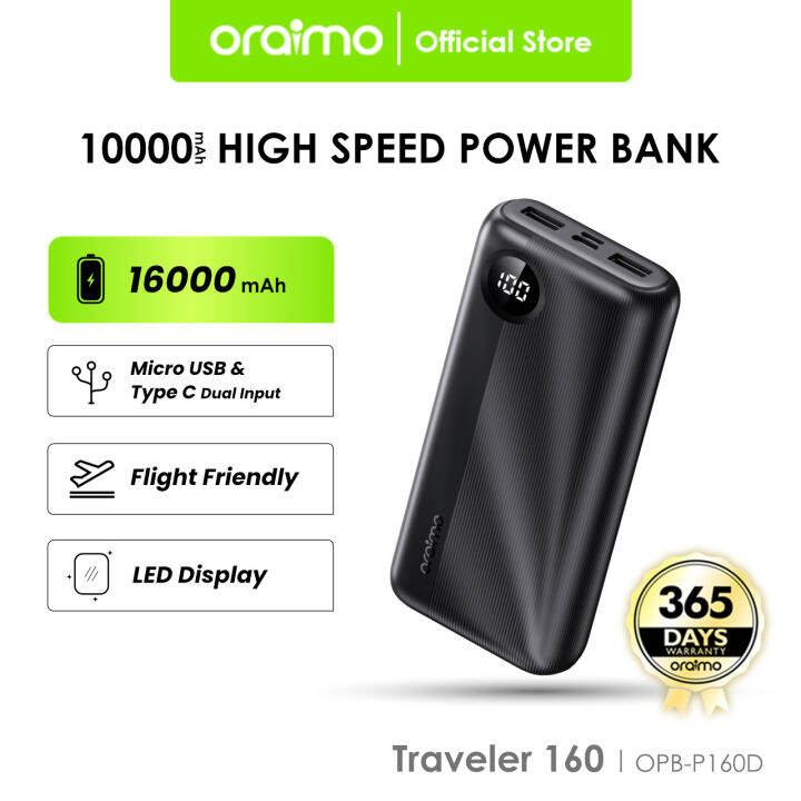 Oraimo Powerbank Real Capacity16000mAh Traveler 160 LED Battery Display