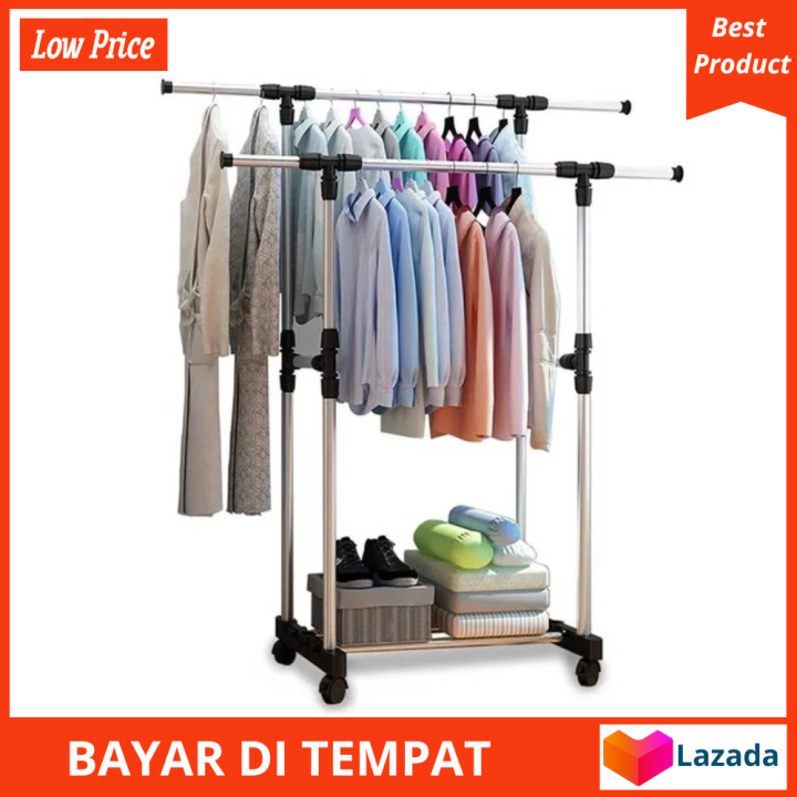 Stand Hanger Double Single Gantungan Baju Silver Black Model Tiang