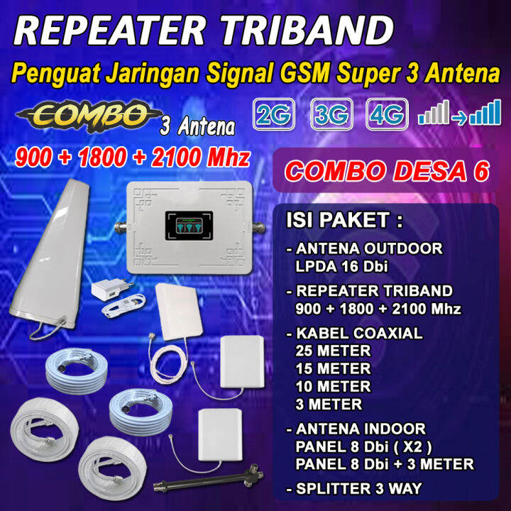 SUPER COMBO REPEATER TRIBAND 2G 3G 4G TRI ANTENNA INDOOR TIGA 3 ANTENA