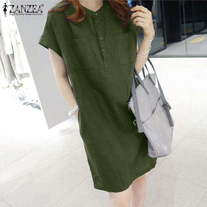 ZANZEA Korean Style Women Plain Short Sleeve O Neck Cotton Linen Belted