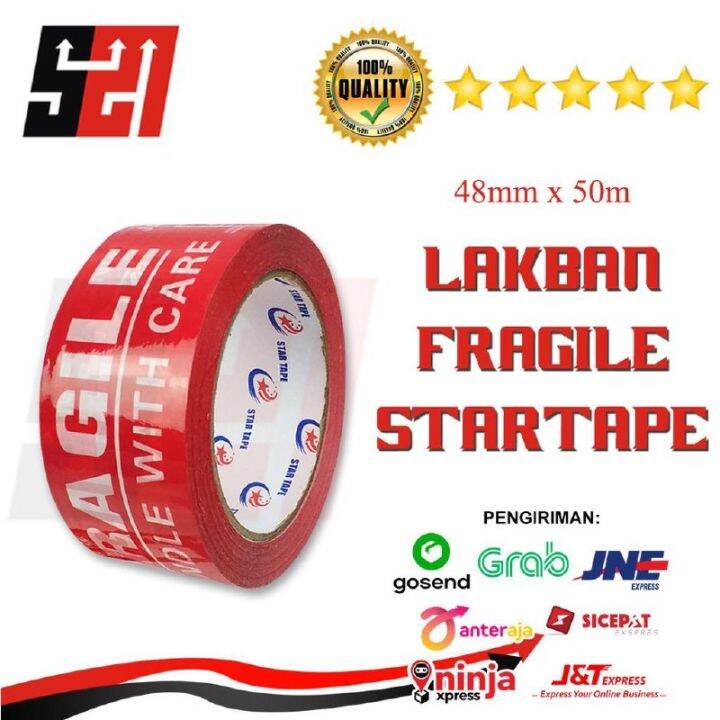 Lakban Printing Unboxing Fragile Merah Warning Jangan Dibanting Ukuran