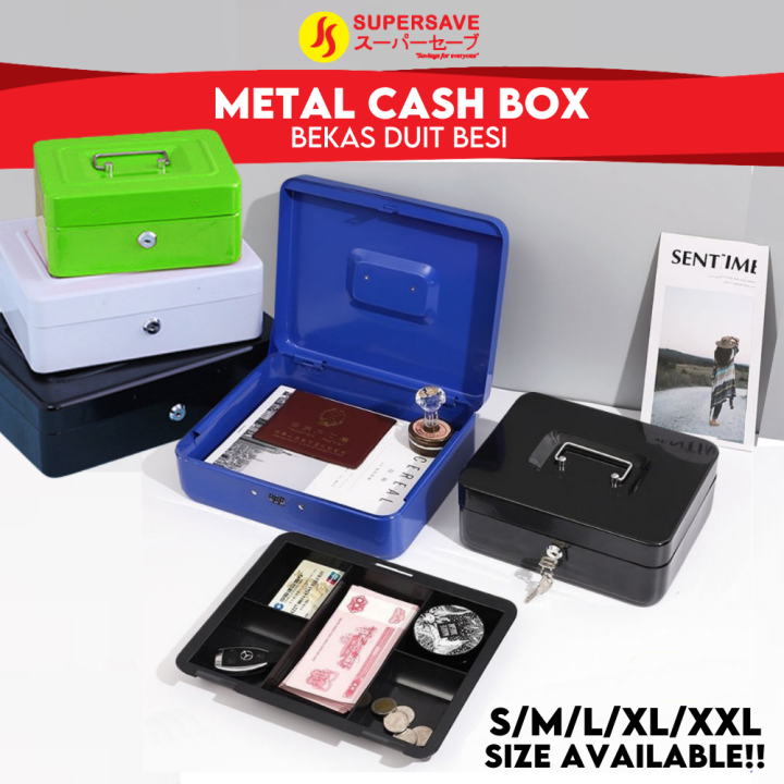 Supersave Metal Petty Cash Box Handle Tray Safe Money Coins Bill Key