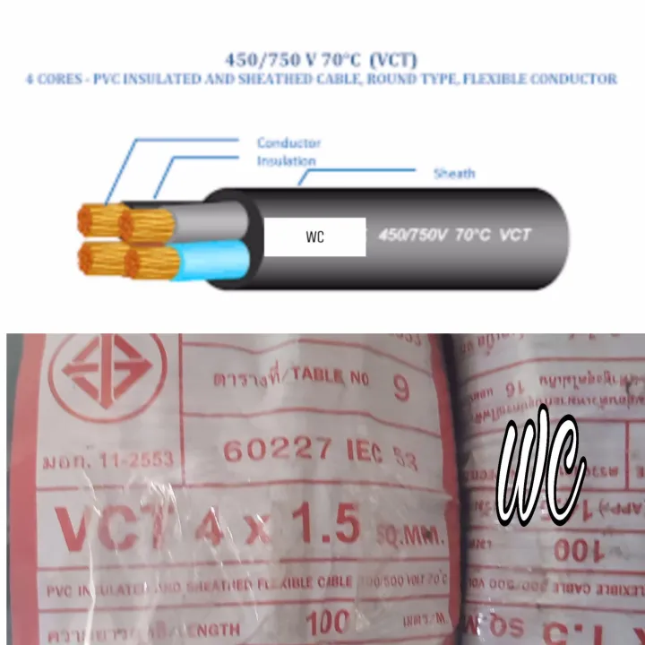 สายไฟดำ VCT 4x1 5 100เมตร สายไฟหมฉนวน2ชน 4แกน เบอร1 5 1มวน 100