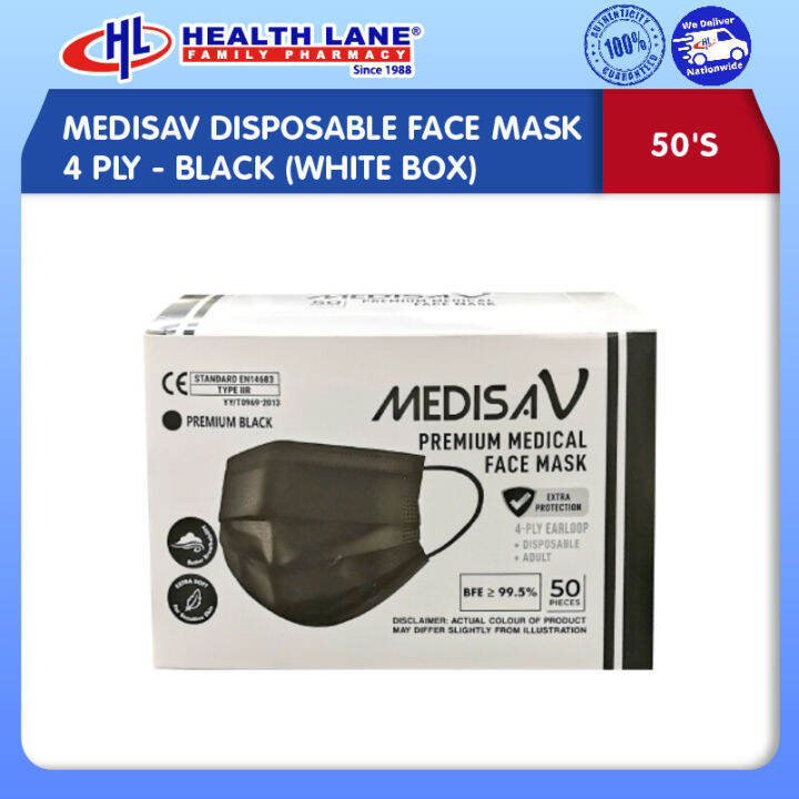 Medisav Disposable Face Mask Ply S Earloop Black White Box